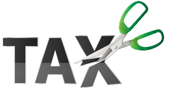 "Image of scissors cutting through the word tax"